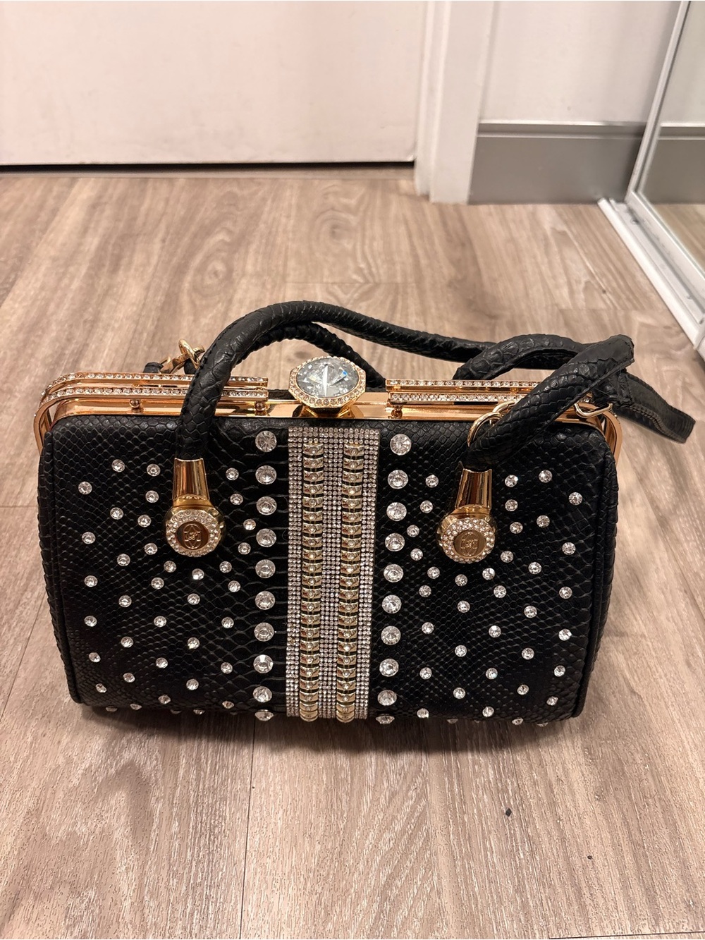 Black Embellished Rhinestone Box Bag with Gold Accents